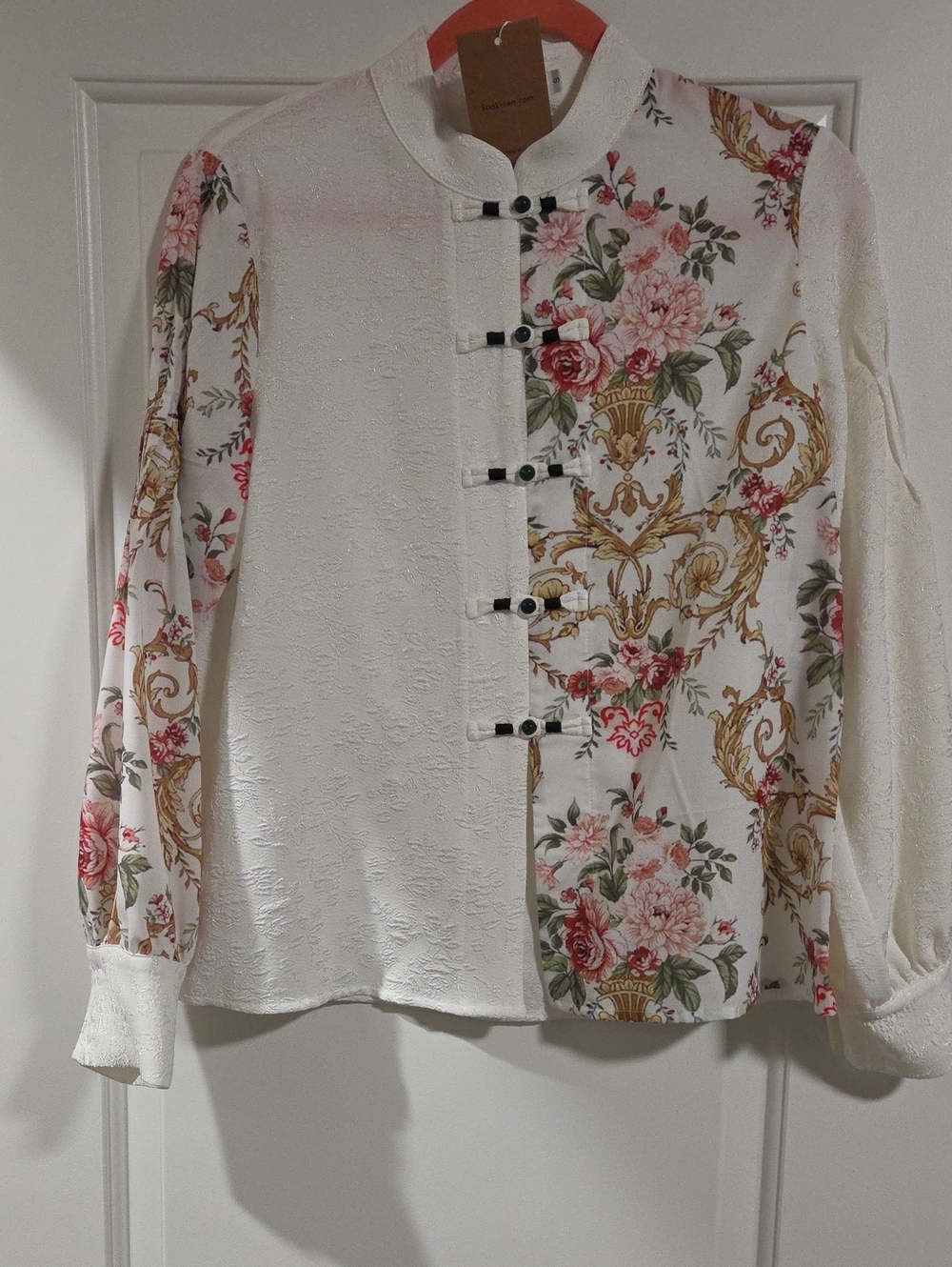 Floral Ivory Mandarin-Collar Button-Down Blouse